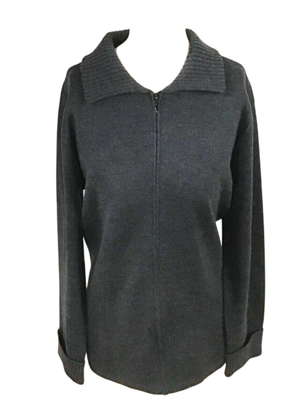Talbots Womens Large Charcoal Gray Zip Front Collared Sweater